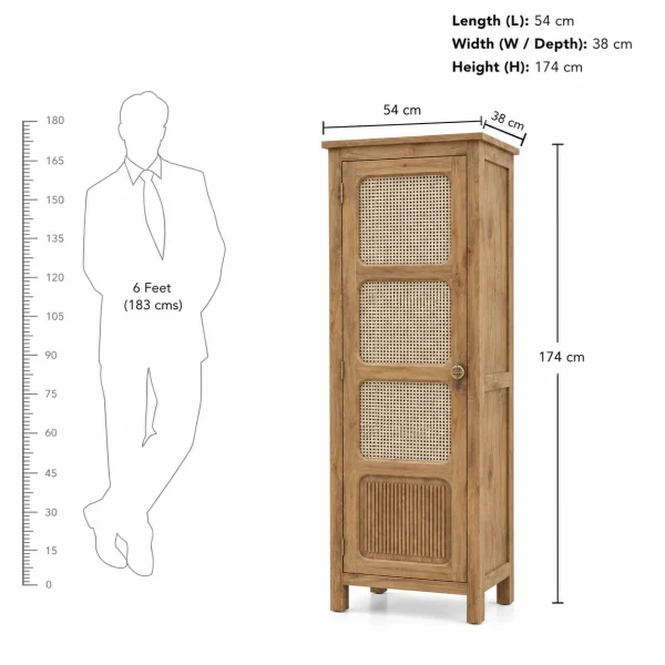The Attic Crestwood 1 door Kitchen Cabinet, Multipurpose Cabinet For Bedroom Living room study bar, Solid Wood Bookshelf Kitchen Cabinet, Light Teak Matte Finish Cane