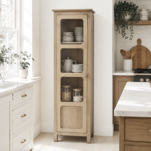 The Attic Crestwood 1 door Kitchen Cabinet, Multipurpose Cabinet For Bedroom Living room study bar, Solid Wood Bookshelf Kitchen Cabinet, Light Teak Matte Finish Glass