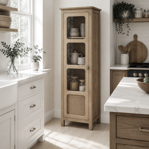 KL-2392SG (2) The Attic Crestwood 1 door Kitchen Cabinet, Multipurpose Cabinet For Bedroom Living room study bar, Solid Wood Bookshelf Kitchen Cabinet, Light Teak Matte Finish Glass
