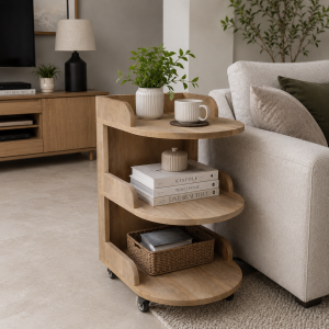 KL-2398Nat (1) The Attic Solid Wood Rolling Serving Trolley with Storage Shelves, Natural Finish