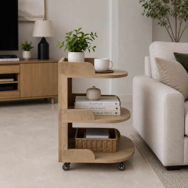 The Attic Solid Wood Rolling Serving Trolley with Storage Shelves, Natural Finish