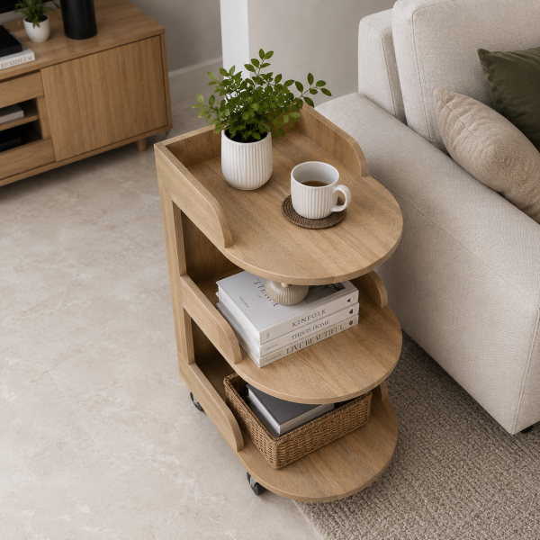 The Attic Solid Wood Rolling Serving Trolley with Storage Shelves, Natural Finish
