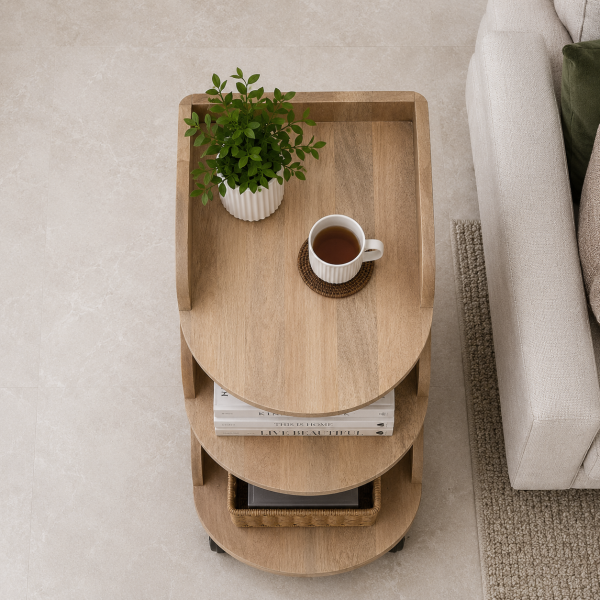 The Attic Solid Wood Rolling Serving Trolley with Storage Shelves, Natural Finish
