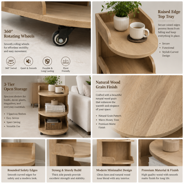 The Attic Solid Wood Rolling Serving Trolley with Storage Shelves, Natural Finish