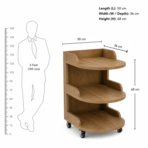 The Attic Solid Wood Rolling Serving Trolley with Storage Shelves, Natural Finish