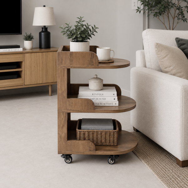 KL-2398T (3) The Attic Solid Wood Rolling Serving Trolley with Storage Shelves, Provential Teak Finish
