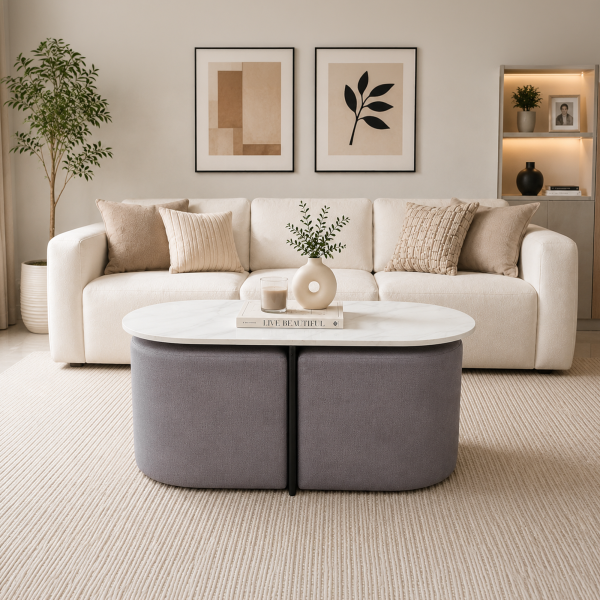 KL-3002B (1) The Attic Norwood Coffee Table, Coffee Table for Living Room, Coffee Table with 2 stools Solid Wood Centre Table with Ceramic Top, Black Finish