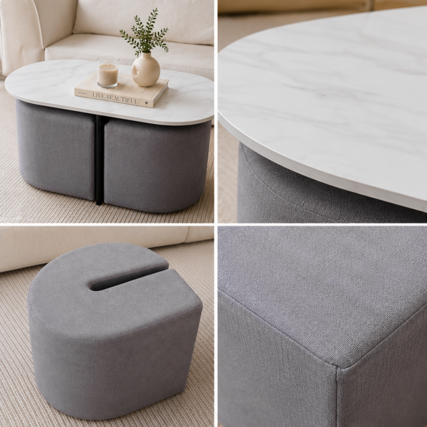 KL-3002B (3) The Attic Norwood Coffee Table, Coffee Table for Living Room, Coffee Table with 2 stools Solid Wood Centre Table with Ceramic Top, Black Finish