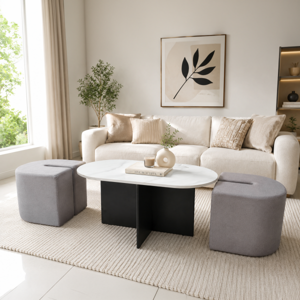 KL-3002B (5) The Attic Norwood Coffee Table, Coffee Table for Living Room, Coffee Table with 2 stools Solid Wood Centre Table with Ceramic Top, Black Finish