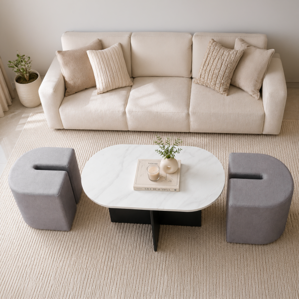 KL-3002B (6) The Attic Norwood Coffee Table, Coffee Table for Living Room, Coffee Table with 2 stools Solid Wood Centre Table with Ceramic Top, Black Finish