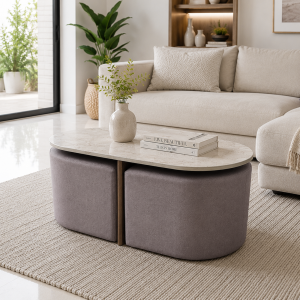 The Attic Norwood Coffee Table, Coffee Table for Living Room,  Coffee Table with 2 stools Solid Wood Centre Table with Ceramic Top, Tobacco Brown Finish