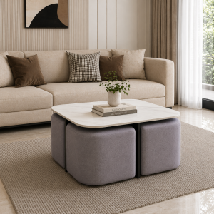 The Attic Norwood Coffee Table, Coffee Table for Living Room,  Coffee Table with 4 stools Solid Wood Centre Table with Ceramic Top, Black Finish
