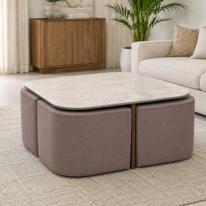 The Attic Norwood Coffee Table, Coffee Table for Living Room,  Coffee Table with 4 stools Solid Wood Centre Table with Ceramic Top, Tobacco Brown Finish