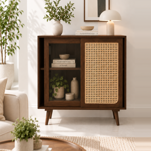 KL-2366T (1) The Attic Ines Cabinet, Coffee Table for Living Room, Solid Wood Centre Table with Cane with sliding doors, Provincial Teak