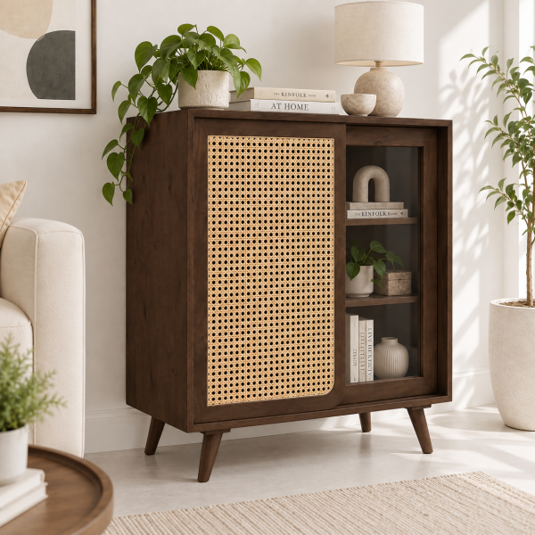 KL-2366T (2) The Attic Ines Cabinet, Coffee Table for Living Room, Solid Wood Centre Table with Cane with sliding doors, Provincial Teak