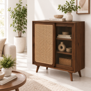 The Attic Ines Cabinet,  Coffee Table for Living Room,  Solid Wood Centre Table with Cane with sliding doors, Provincial Teak