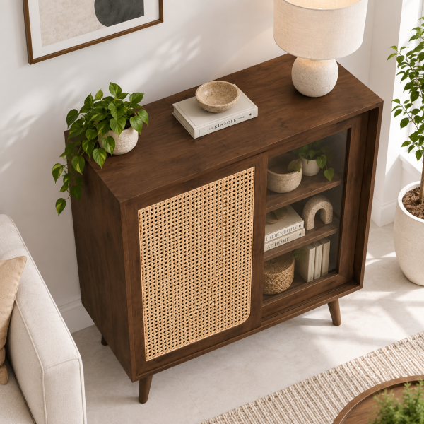 KL-2366T (4) The Attic Ines Cabinet, Coffee Table for Living Room, Solid Wood Centre Table with Cane with sliding doors, Provincial Teak