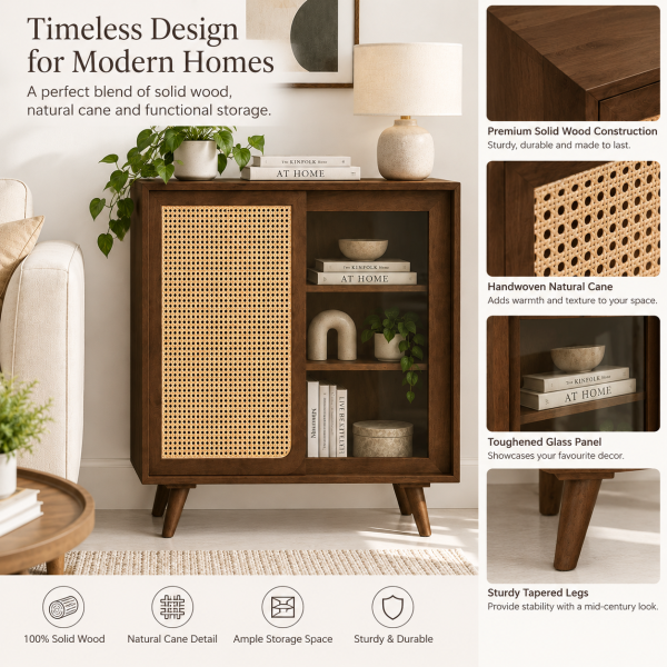 KL-2366T (6) The Attic Ines Cabinet, Coffee Table for Living Room, Solid Wood Centre Table with Cane with sliding doors, Provincial Teak