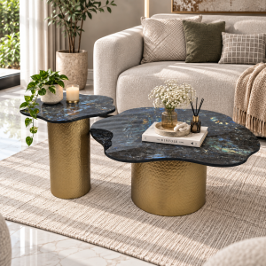 The Attic Cloudy Coffee Table Set, Modern coffee table for living room, marble coffee table, Hammered Gold Metal