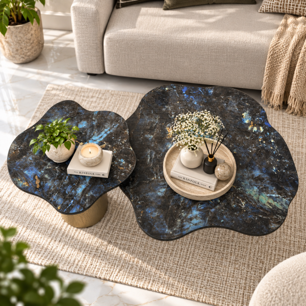 KL-2377B (3) The Attic Cloudy Coffee Table Set, Modern coffee table for living room, marble coffee table, Hammered Gold Metal