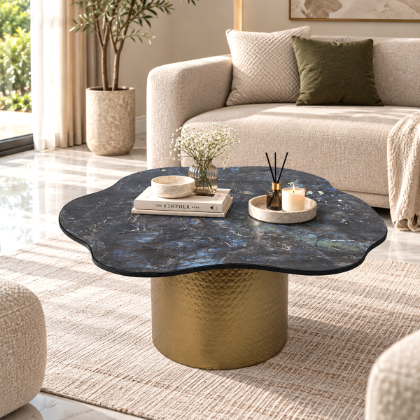 KL-2377B (5) The Attic Cloudy Coffee Table Set, Modern coffee table for living room, marble coffee table, Hammered Gold Metal