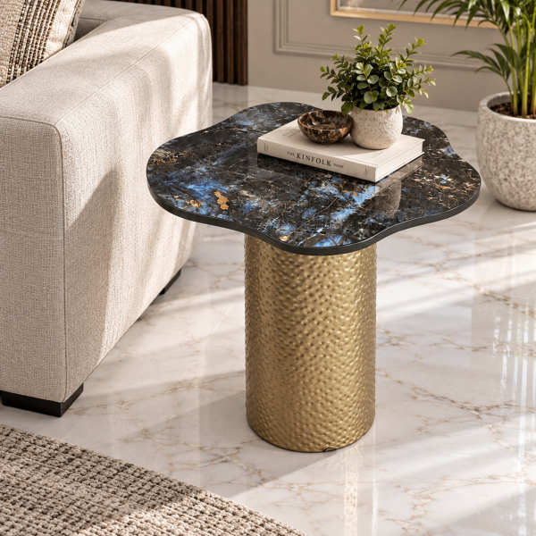 KL-2377B (6) The Attic Cloudy Coffee Table Set, Modern coffee table for living room, marble coffee table, Hammered Gold Metal