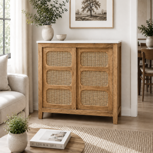 KL-2393SC (1) The Attic Crestwood sliding doors Kitchen Cabinet, Multipurpose Cabinet For Bedroom Living room study bar, Solid Wood Bookshelf Kitchen Cabinet, Light Teak Matte Finish Cane