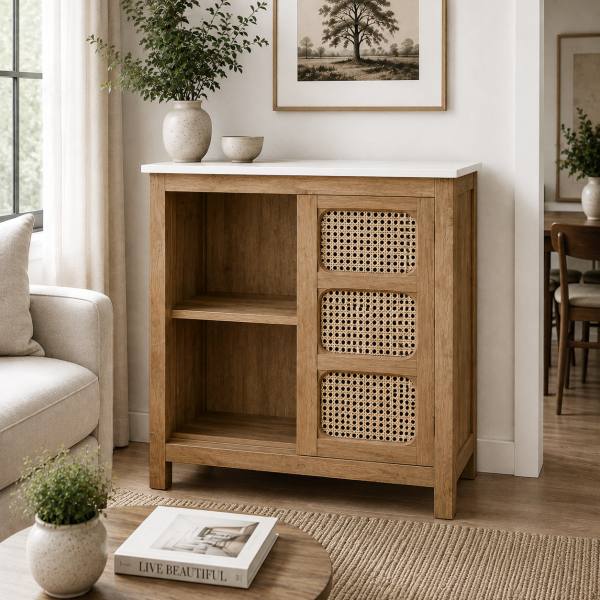 KL-2393SC (3) The Attic Crestwood sliding doors Kitchen Cabinet, Multipurpose Cabinet For Bedroom Living room study bar, Solid Wood Bookshelf Kitchen Cabinet, Light Teak Matte Finish Cane
