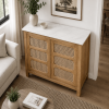 KL-2393SC (4) The Attic Crestwood sliding doors Kitchen Cabinet, Multipurpose Cabinet For Bedroom Living room study bar, Solid Wood Bookshelf Kitchen Cabinet, Light Teak Matte Finish Cane