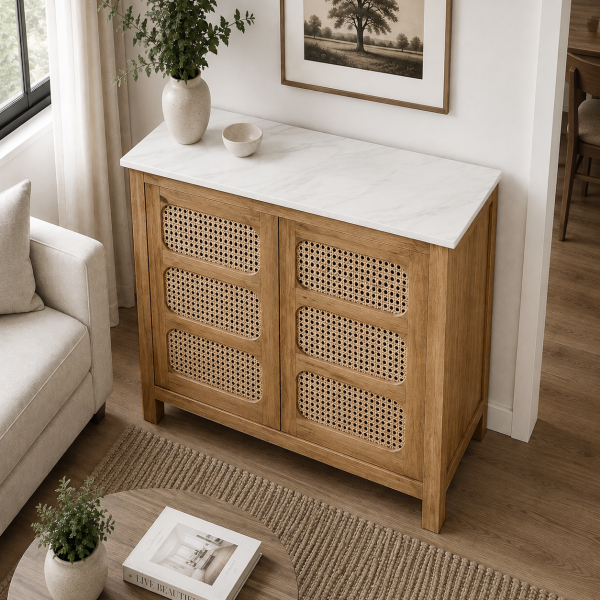 KL-2393SC (4) The Attic Crestwood sliding doors Kitchen Cabinet, Multipurpose Cabinet For Bedroom Living room study bar, Solid Wood Bookshelf Kitchen Cabinet, Light Teak Matte Finish Cane