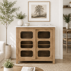 KL-2393SG (2) The Attic Crestwood sliding doors Kitchen Cabinet, Multipurpose Cabinet For Bedroom Living room study bar, Solid Wood Bookshelf Kitchen Cabinet, Light Teak Matte Finish Glass