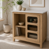 The Attic Crestwood sliding doors Kitchen Cabinet, Multipurpose Cabinet For Bedroom Living room study bar, Solid Wood Bookshelf Kitchen Cabinet, Light Teak Matte Finish Glass