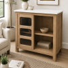 The Attic Crestwood sliding doors Kitchen Cabinet, Multipurpose Cabinet For Bedroom Living room study bar, Solid Wood Bookshelf Kitchen Cabinet, Light Teak Matte Finish Glass
