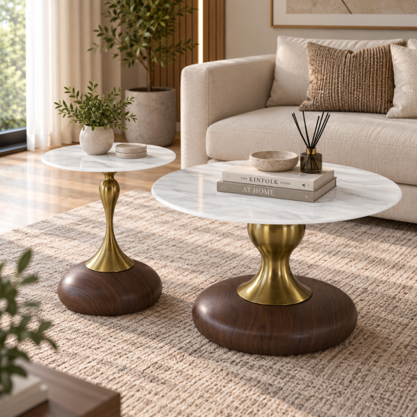 The Attic Marbre Noir Coffee Table, Coffee Table for Living Room, marble inspired with glass top, White & Black Finish
