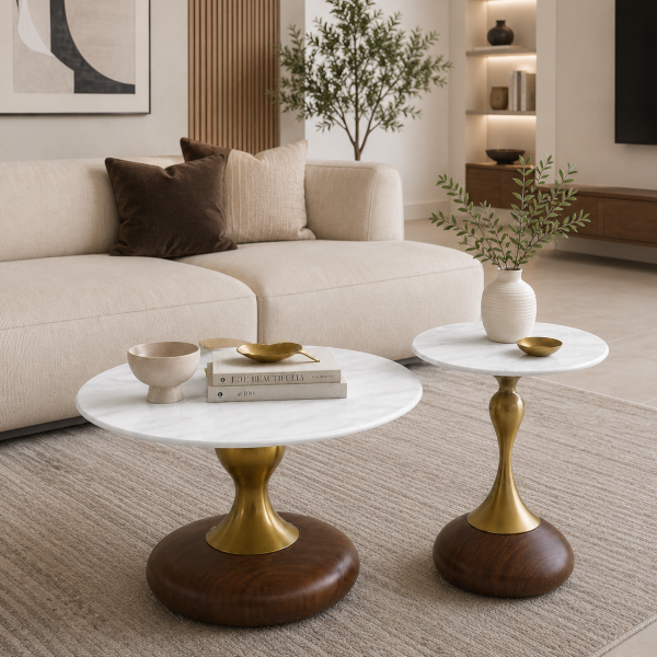 The Attic Marbre Noir Coffee Table, Coffee Table for Living Room, marble inspired with glass top, White & Black Finish