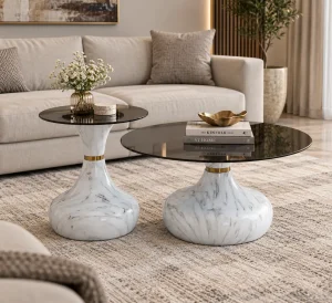 KL-2640 (1) The Attic Marbre Noir Coffee Table, Coffee Table for Living Room, marble inspired with glass top, White & Black Finish