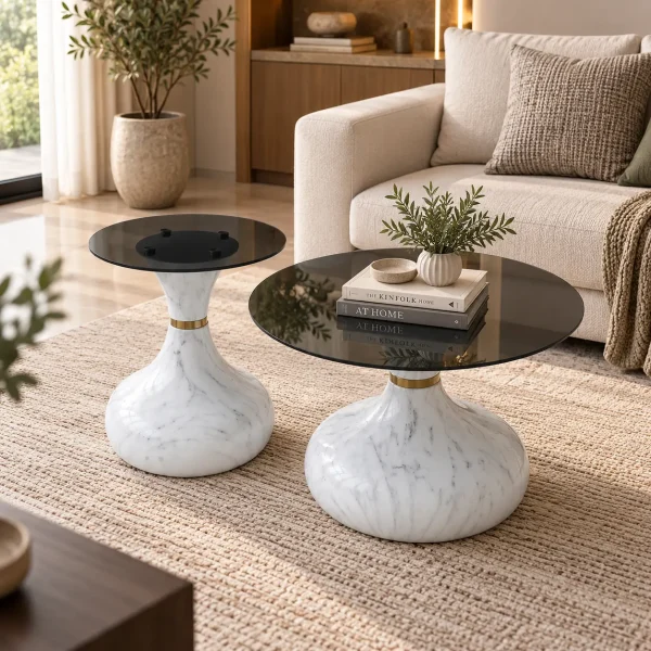 KL-2640 (2) The Attic Marbre Noir Coffee Table, Coffee Table for Living Room, marble inspired with glass top, White & Black Finish