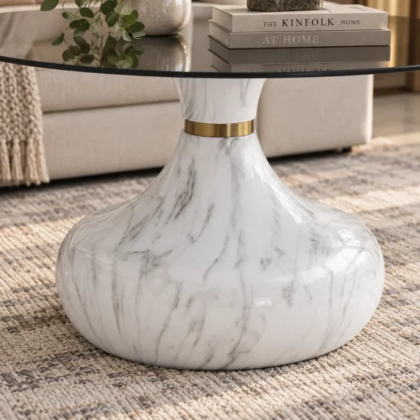 KL-2640 (4) The Attic Marbre Noir Coffee Table, Coffee Table for Living Room, marble inspired with glass top, White & Black Finish