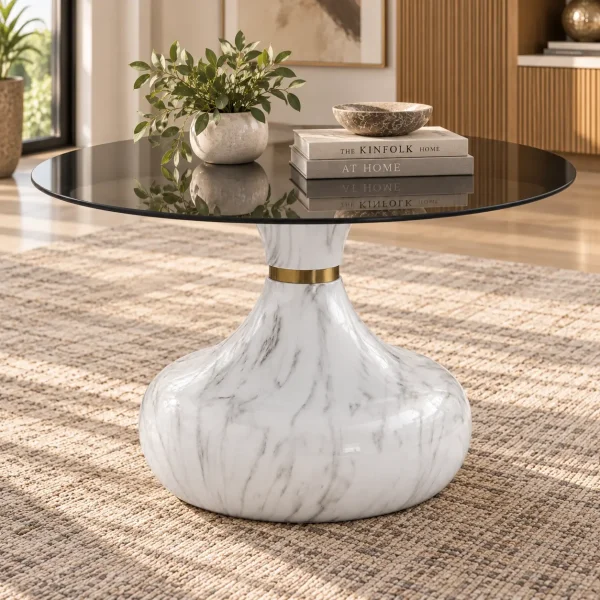 KL-2640 (6) The Attic Marbre Noir Coffee Table, Coffee Table for Living Room, marble inspired with glass top, White & Black Finish