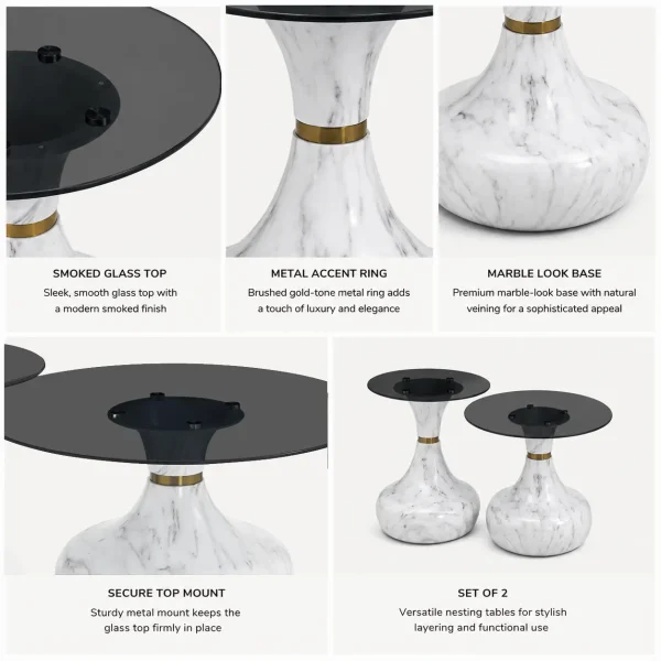 KL-2640 (7) The Attic Marbre Noir Coffee Table, Coffee Table for Living Room, marble inspired with glass top, White & Black Finish