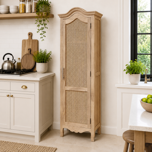 The Attic Catania Kitchen Cabinet, Multipurpose Cabinet For Bedroom Living room study bar, Solid Wood Bookshelf/Kitchen Cabinet, Solid Mango Wood, Natural Finish Cane
