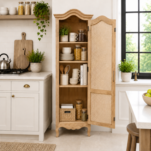 The Attic Catania Kitchen Cabinet, Multipurpose Cabinet For Bedroom Living room study bar, Solid Wood Bookshelf/Kitchen Cabinet, Solid Mango Wood, Natural Finish Cane