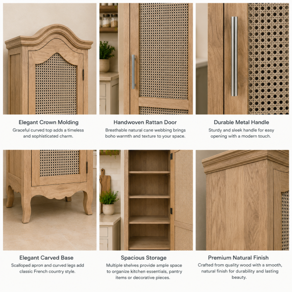 The Attic Catania Kitchen Cabinet, Multipurpose Cabinet For Bedroom Living room study bar, Solid Wood Bookshelf/Kitchen Cabinet, Solid Mango Wood, Natural Finish Cane