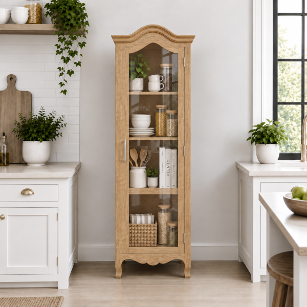 The Attic Catania Kitchen Cabinet, Multipurpose Cabinet For Bedroom Living room study bar, Solid Wood Bookshelf/Kitchen Cabinet, Solid Mango Wood, Natural Finish Glass
