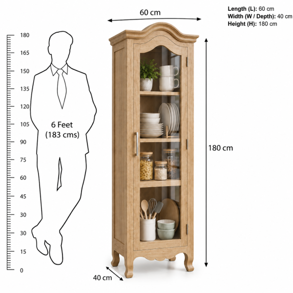 The Attic Catania Kitchen Cabinet, Multipurpose Cabinet For Bedroom Living room study bar, Solid Wood Bookshelf/Kitchen Cabinet, Solid Mango Wood, Natural Finish Glass