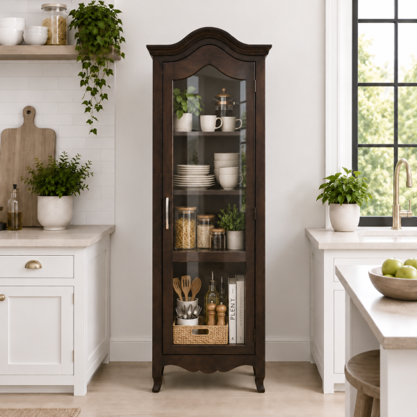 KL-3001WG (1) The Attic Catania Kitchen Cabinet, Multipurpose Cabinet For Bedroom Living room study bar, Solid Wood Bookshelf/Kitchen Cabinet, Solid Mango Wood, Walnut Finish Glass