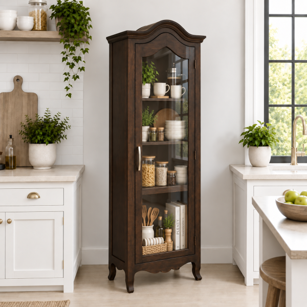 KL-3001WG (2) The Attic Catania Kitchen Cabinet, Multipurpose Cabinet For Bedroom Living room study bar, Solid Wood Bookshelf/Kitchen Cabinet, Solid Mango Wood, Walnut Finish Glass