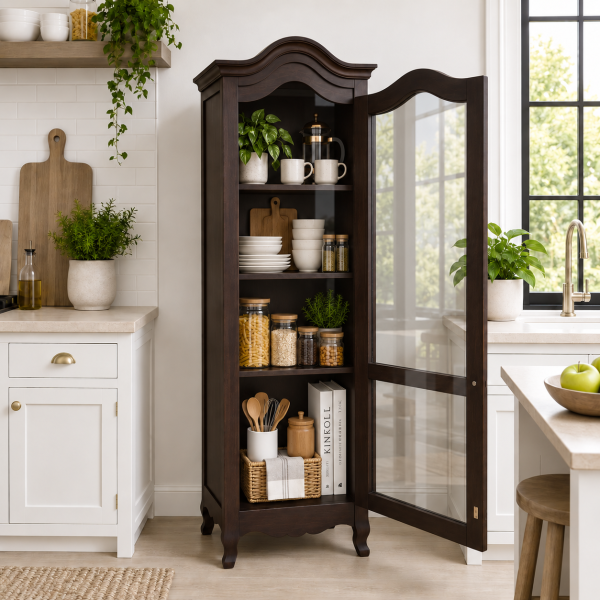 KL-3001WG (3) The Attic Catania Kitchen Cabinet, Multipurpose Cabinet For Bedroom Living room study bar, Solid Wood Bookshelf/Kitchen Cabinet, Solid Mango Wood, Walnut Finish Glass