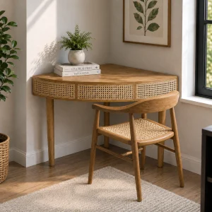 KL-3013SC (1) The Attic Rattan Arc Study Table, Computer Table, Study Table for Students, Office Table, Computer Table for Home, Solid wood Corner Study Table, Light Teak Finish
