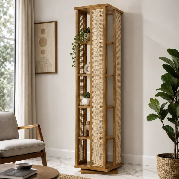 KL-3014SC (1) The Attic Mira Cane Rattan Bookshelf, Multipurpose for Living room Bed room Study, Solid Wood, Light Teak Finish